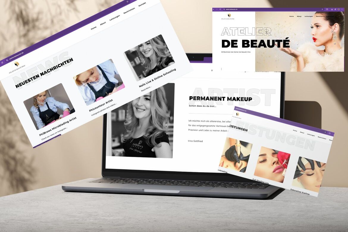 Website von Atelier de Beauté mit Startseite, Leistungen und Neuigkeiten auf mehreren Bildschirmen
