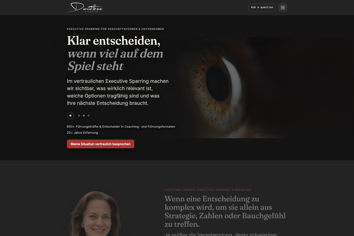 Website von Dorothee Conrad mit dem Angebot Executive Sparring und dem Beginn des ausführlichen Lesebereichs