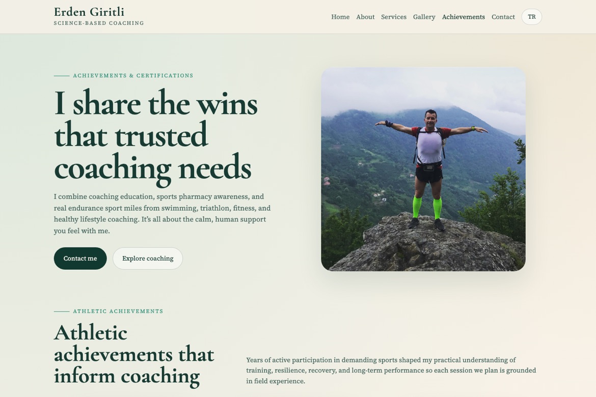 Seite der Website von Erden Giritli mit Coaching-Erfolgen und Zertifizierungen