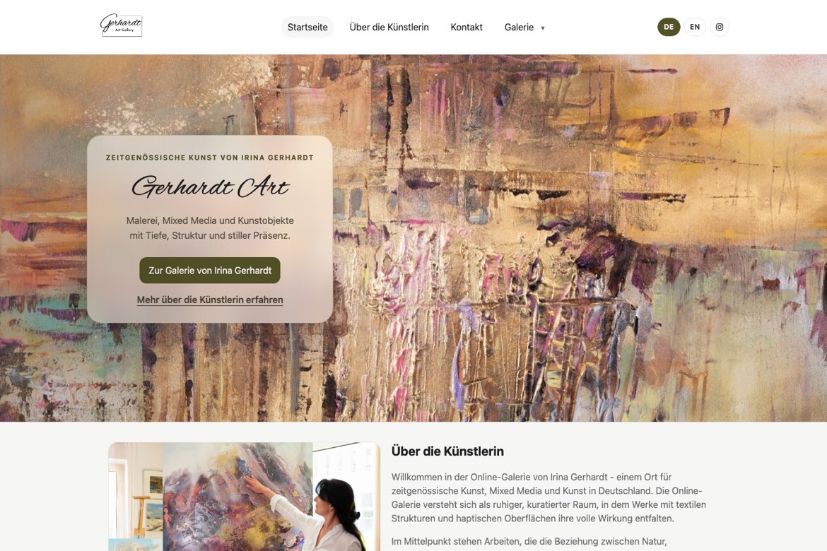 Startseite der Website von Irina Gerhardt mit großem Gemälde und Einführung in die Galerie