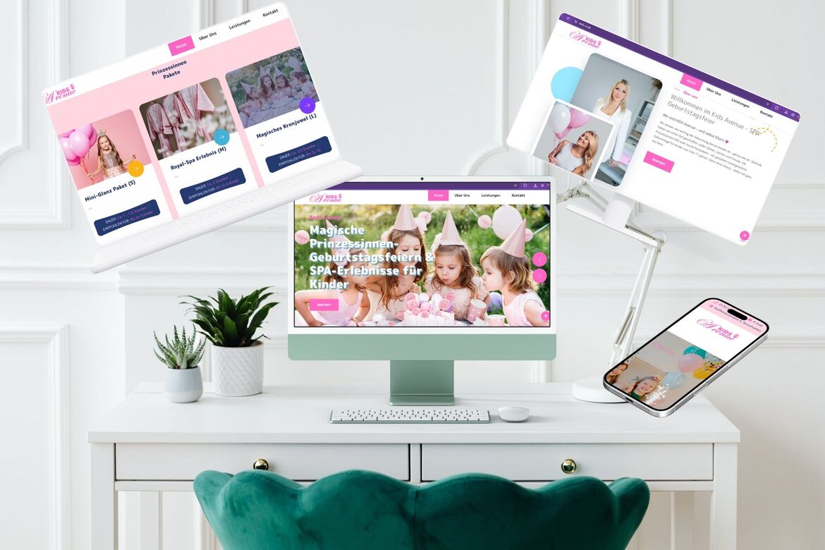 Website-Beispiel Kids Events mit Partypaketen und Kindergeburtstag auf mehreren Bildschirmen